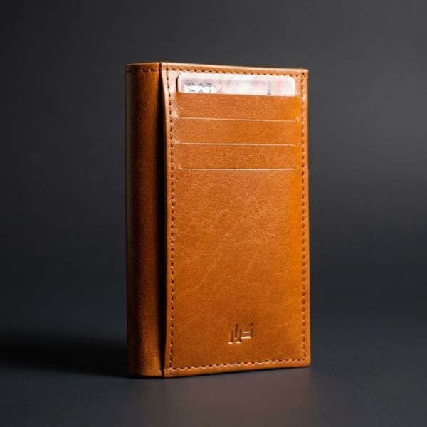 SnapLock bifold full-grain leather wallet cognac brown Pakistan front view